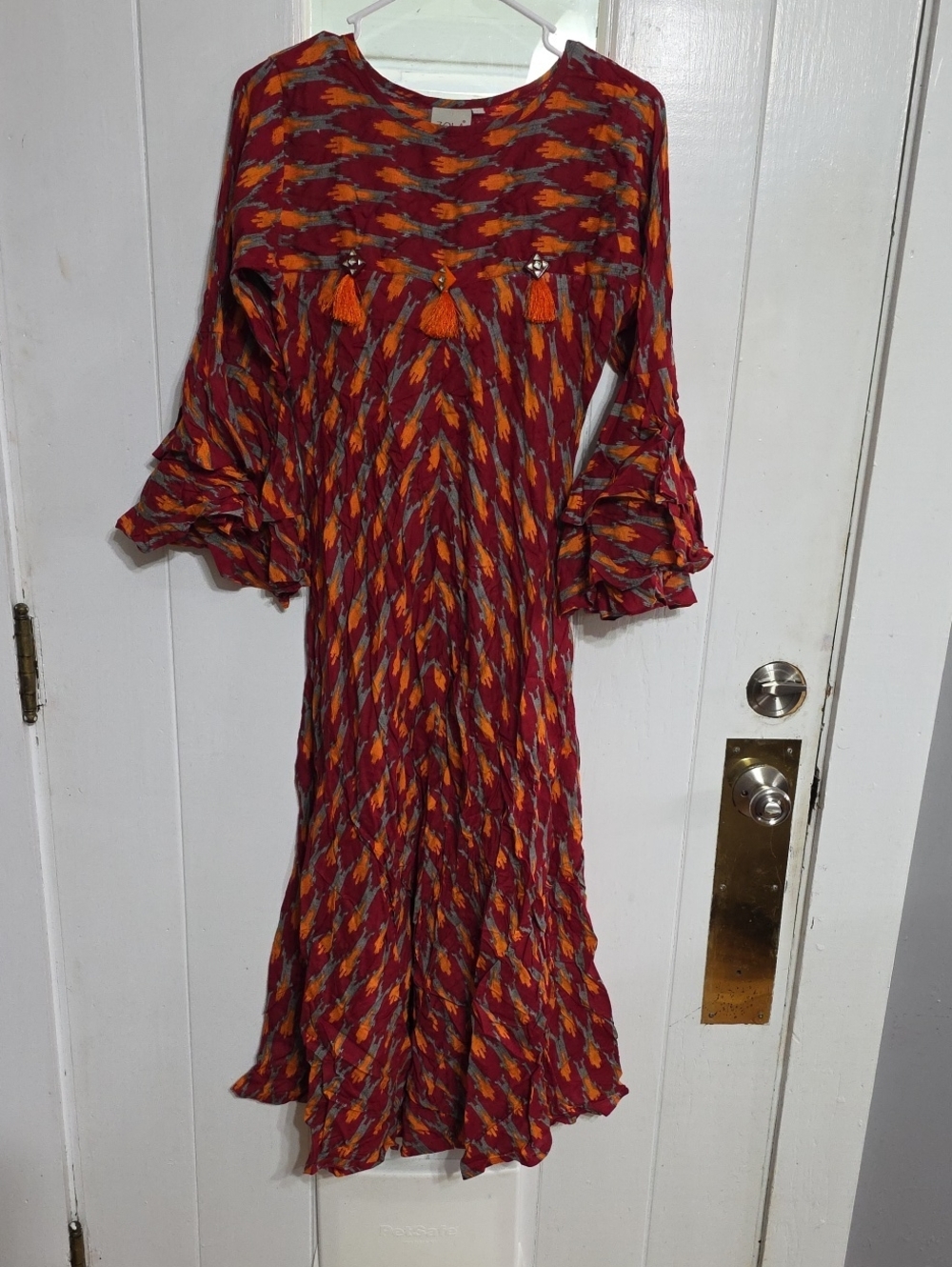 Zola Women's Dress Red/Orange Tassles Layered Bell Sleeves Circular Hem Sz M EUC